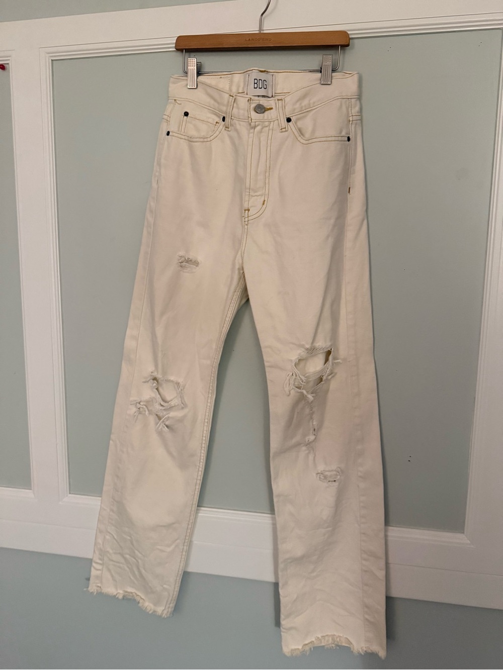 BDG Cream Distressed Straight-Leg Jeans